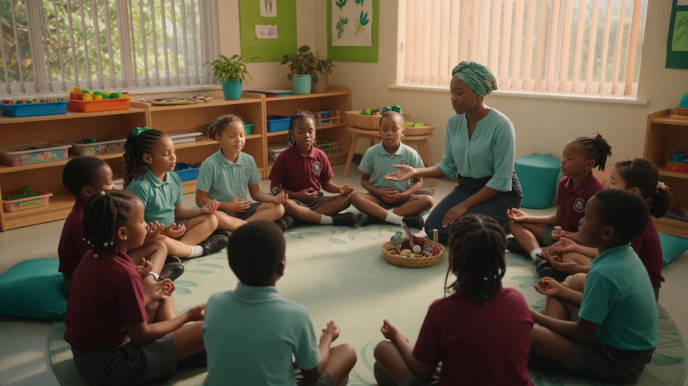 Foundation Phase learners practising calm focus with a teacher in a South African classroom