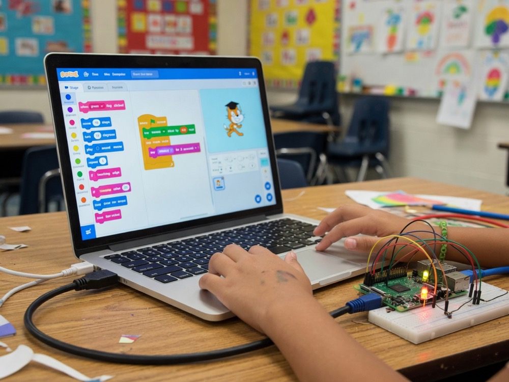 Laptop Scratch-style coding connected to Raspberry Pi