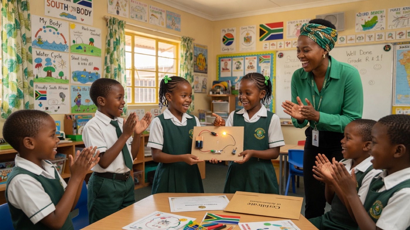 Learners presenting a physical computing project at a classroom showcase