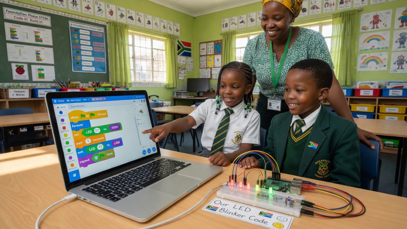 Learners using Scratch-style block coding on a laptop connected to a Raspberry Pi LED circuit